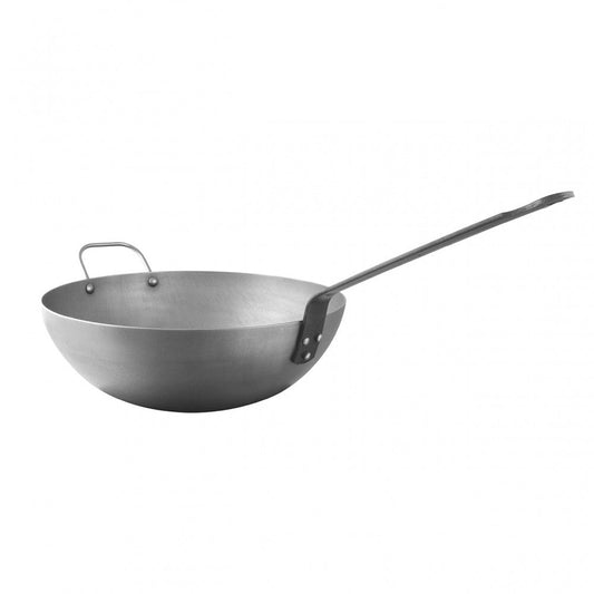Mauviel M'STEEL Black Carbon Steel Wok With Iron Handle, 11.8-In